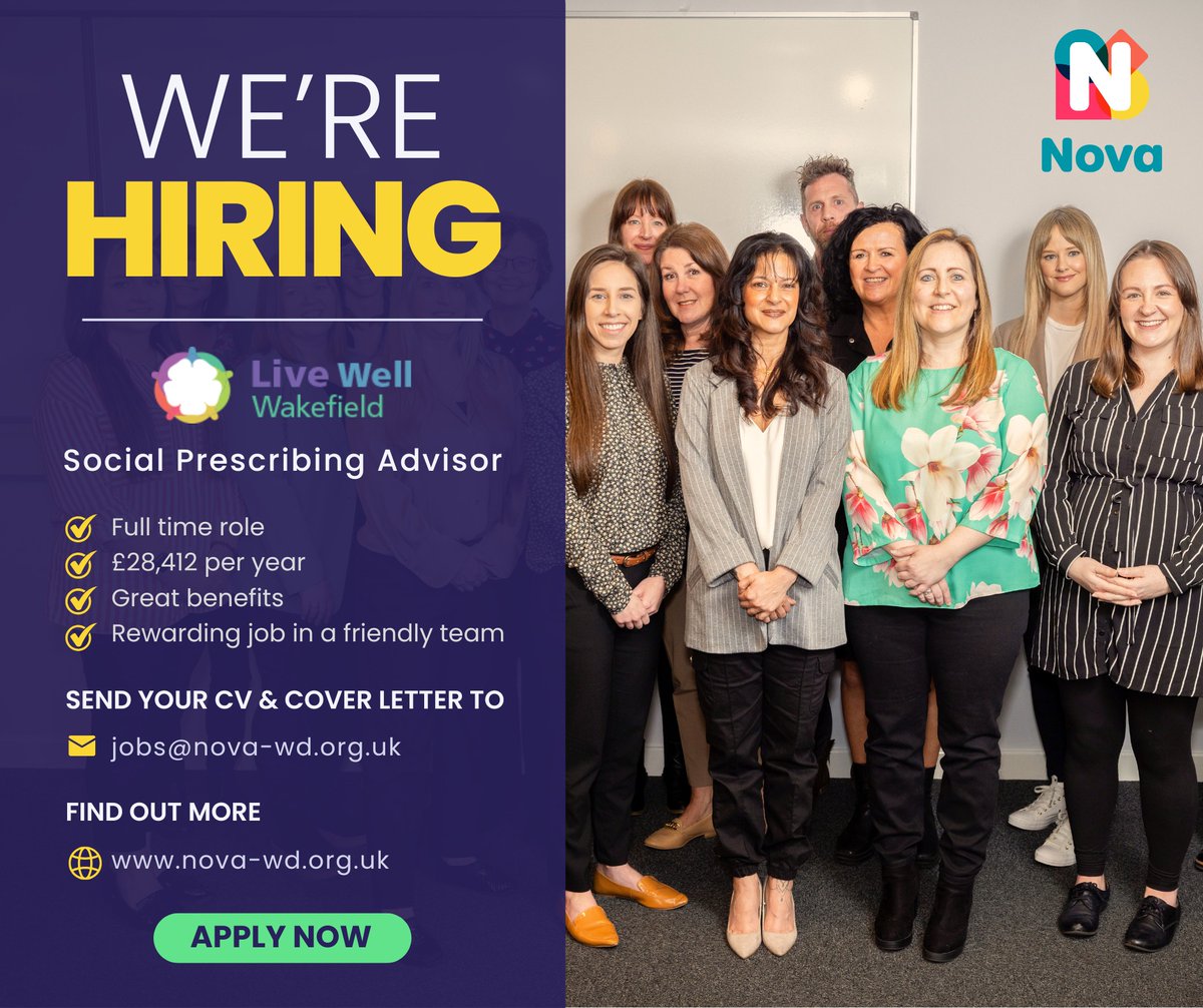 WE ARE HIRING! Opportunity to use your experience of supporting people to make a difference in Wakefield District. Send your cover letter and CV through to jobs@nova-wd.org.uk by Sunday 15 June. nova-wd.org.uk/jobs/social-pr… #charityjobs #wakefieldjobs #jobopportunity