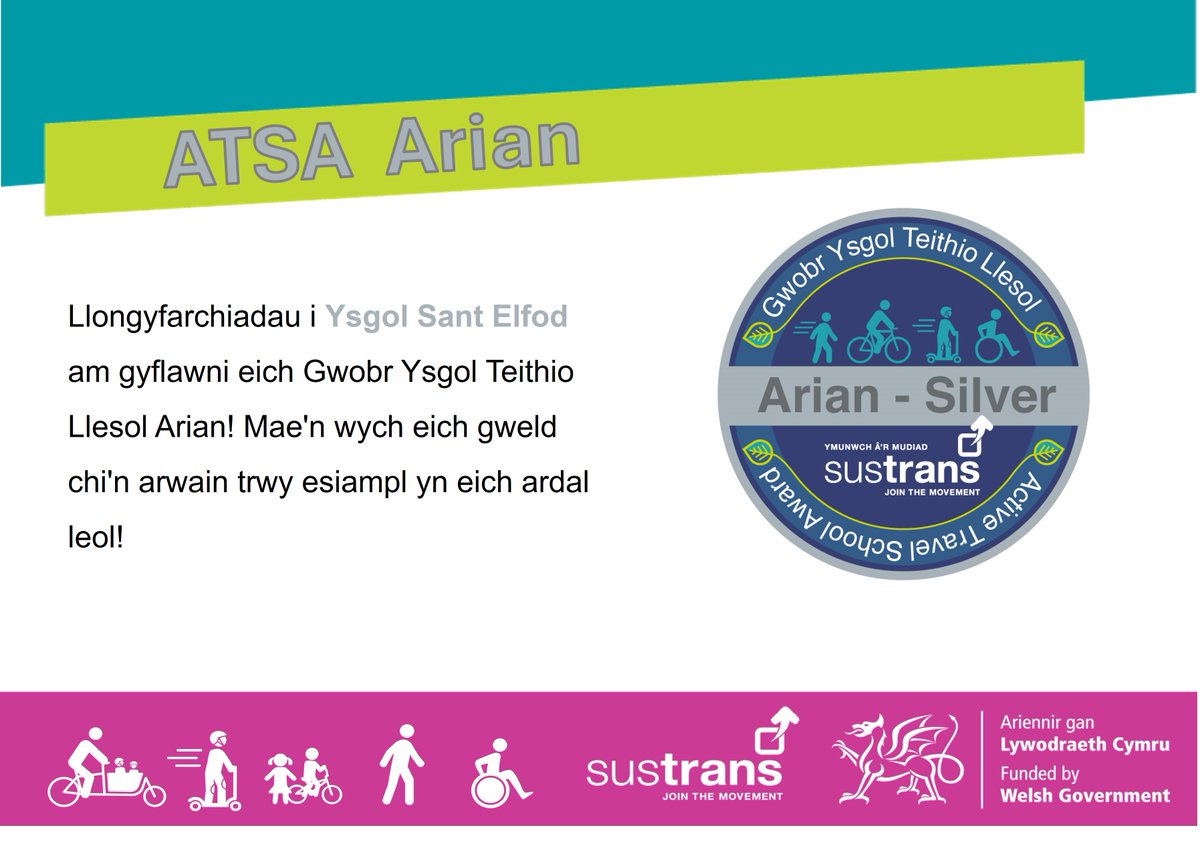 Rhaglen Teithiau Iach | Active Journeys Programme (@active_journeys) on Twitter photo Llongyfarchiadau <a href="/SantElfod/">@Ysgol Sant Elfod Abergele</a> ar eich gwobr arian! Y cam nesaf, Aur!
Ysgol Sant Elfod yw'r ail ysgol yng Nghonwy i ennill gwobr arian. Pwy fydd nesaf??? #Teithiollesol #TeithioIach <a href="/ActifConwy/">Actif Conwy</a> <a href="/ConwyCBC/">Conwy Council</a> Llongyfarchiadau <a href="/SantElfod/">@Ysgol Sant Elfod Abergele</a> ar eich gwobr arian! Y cam nesaf, Aur!
Ysgol Sant Elfod yw'r ail ysgol yng Nghonwy i ennill gwobr arian. Pwy fydd nesaf??? #Teithiollesol #TeithioIach <a href="/ActifConwy/">Actif Conwy</a> <a href="/ConwyCBC/">Conwy Council</a>