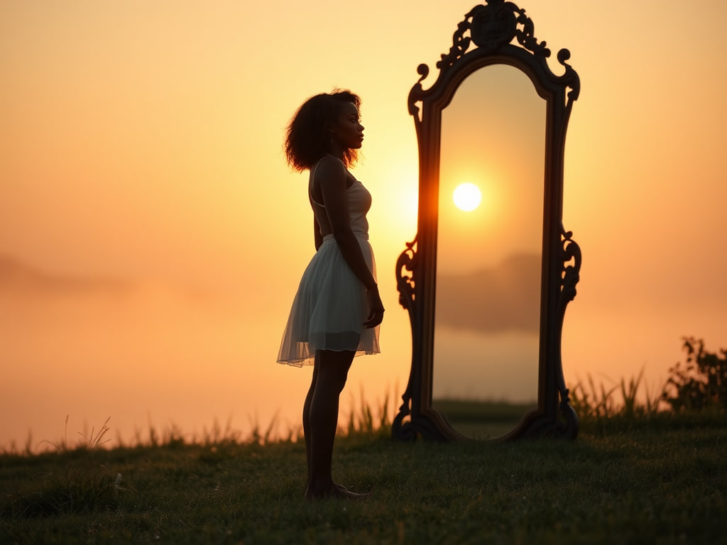 Mer0ns0la's tweet photo. 🤯 Isn’t it wild how you can bring a feeling to life with AI?! 😍✨
Here’s what “showing up” looks like:
🌅 barefoot, bold, soft + radiant
🪞 a mirror
👑 a promise to self
& a sunrise that says I'm ready.
#ALX_AiSK @alx_africa
#AIArt #BlackGirlMagic #TechMeetsSoul #Manifestation https://t.co/KGvZxlCl79