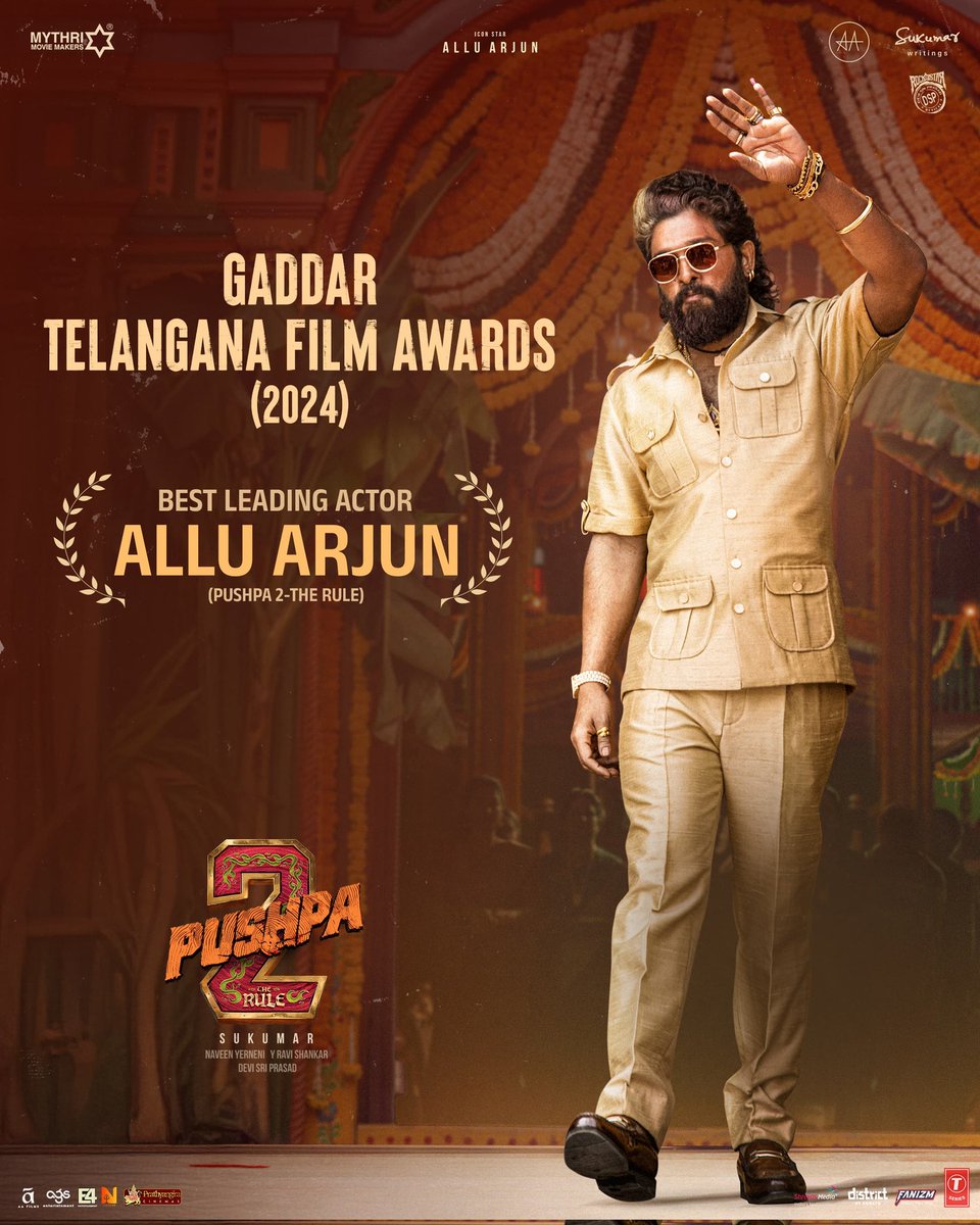 Mythri Movie Makers (@mythriofficial) on Twitter photo Thank you to the Government of Telangana for honouring a spectacular performance ⭐❤️
Congratulations to Icon Star <a href="/alluarjun/">Allu Arjun</a> for winning the Best Leading Actor at the prestigious Gaddar Telangana Film Awards for the year 2024 ❤🔥
#Pushpa2TheRule
#Pushpa2
#WildFirePushpa Thank you to the Government of Telangana for honouring a spectacular performance ⭐❤️
Congratulations to Icon Star <a href="/alluarjun/">Allu Arjun</a> for winning the Best Leading Actor at the prestigious Gaddar Telangana Film Awards for the year 2024 ❤🔥
#Pushpa2TheRule
#Pushpa2
#WildFirePushpa