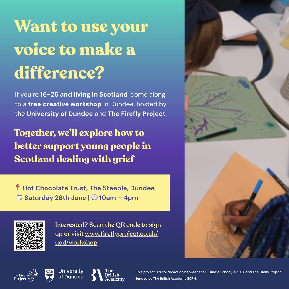 peg's tweet image. Want to use your voice to make a difference?

If you’re 16-26 and in Scotland, come along
to a free creative workshop in Dundee, hosted by
@dundeeuni and The Firefly Project.

Lets explore how to better support young people in Scotland dealing with grief fireflyproject.co.uk/uod/workshop