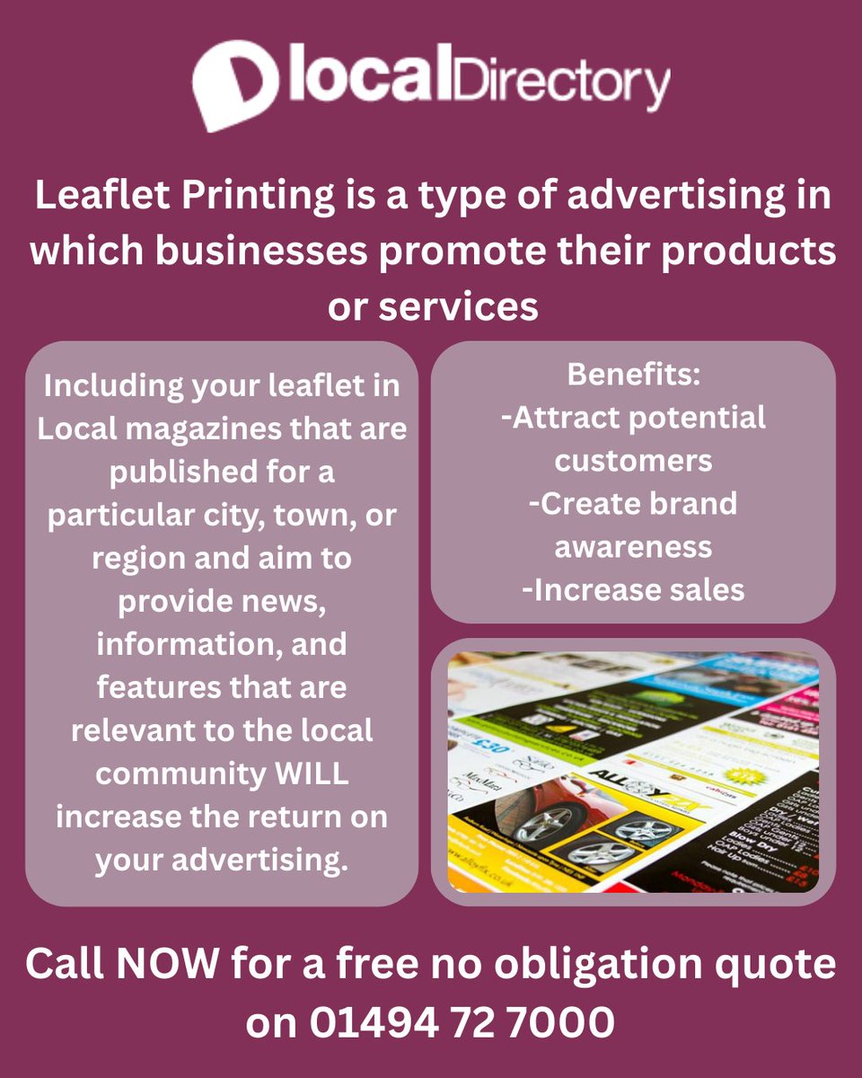 localdirectory2's tweet image. 🖨️ Need high-quality leaflet printing that gets noticed?

Including your leaflet in local magazines that are published for a particular city, town or region WILL increase return on your advertising!  

#LeafletPrinting #SmallBusinessSupport #LocalDirectory #StandOutInPrint