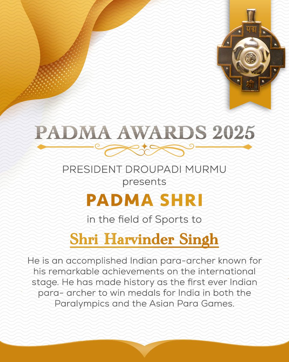 Padma Shri in the field of Sports to Shri Harvinder Singh!

Shri Harvinder Singh is an accomplished Indian para-archer known for his remarkable achievements on the international stage. 

#PeoplesPadma 

<a href="/MIB_India/">Ministry of Information and Broadcasting</a> <a href="/PadmaAwards/">Padma Awards</a>