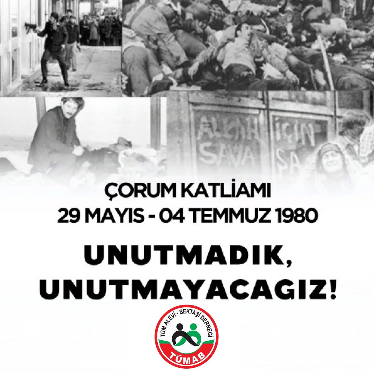 Çorum’u Unutma, Unutturma!

29 Mayıs - 4 Temmuz 1980 yılında yaşanan, ülkemizin kara lekelerinden olan Çorum katliamı’nda hayatını kaybeden vatandaşlarımızı saygıyla anıyoruz.