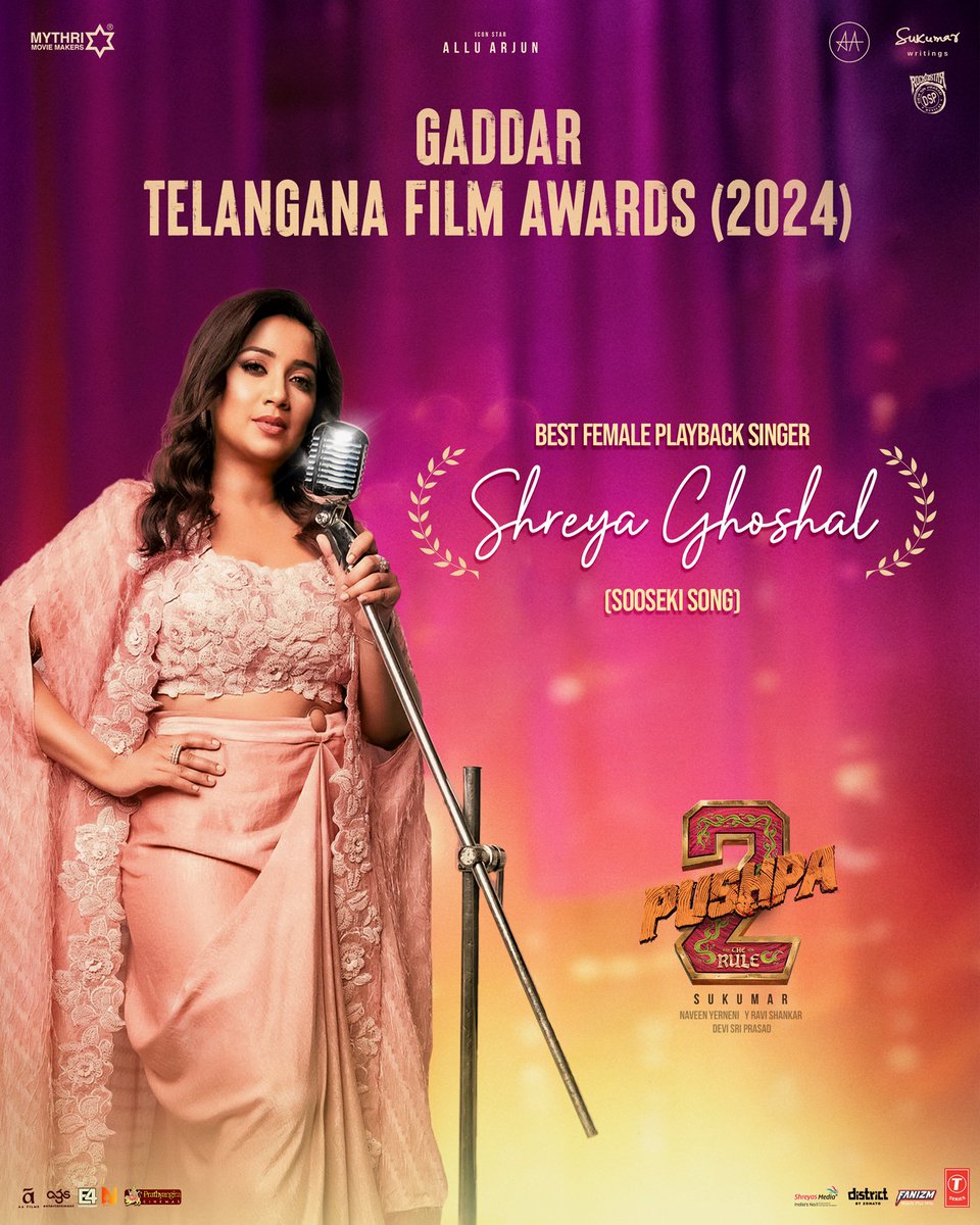 Mythri Movie Makers (@mythriofficial) on Twitter photo The voice that keeps winning accolades and keeps giving us joy ✨
Congratulations to <a href="/shreyaghoshal/">Shreya Ghoshal</a> Garu for winning the Best Female Playback Singer at the prestigious Gaddar Telangana Film Awards 2024 for #Sooseki from #Pushpa2TheRule ❤🔥
#Pushpa2
#WildFirePushpa The voice that keeps winning accolades and keeps giving us joy ✨
Congratulations to <a href="/shreyaghoshal/">Shreya Ghoshal</a> Garu for winning the Best Female Playback Singer at the prestigious Gaddar Telangana Film Awards 2024 for #Sooseki from #Pushpa2TheRule ❤🔥
#Pushpa2
#WildFirePushpa
