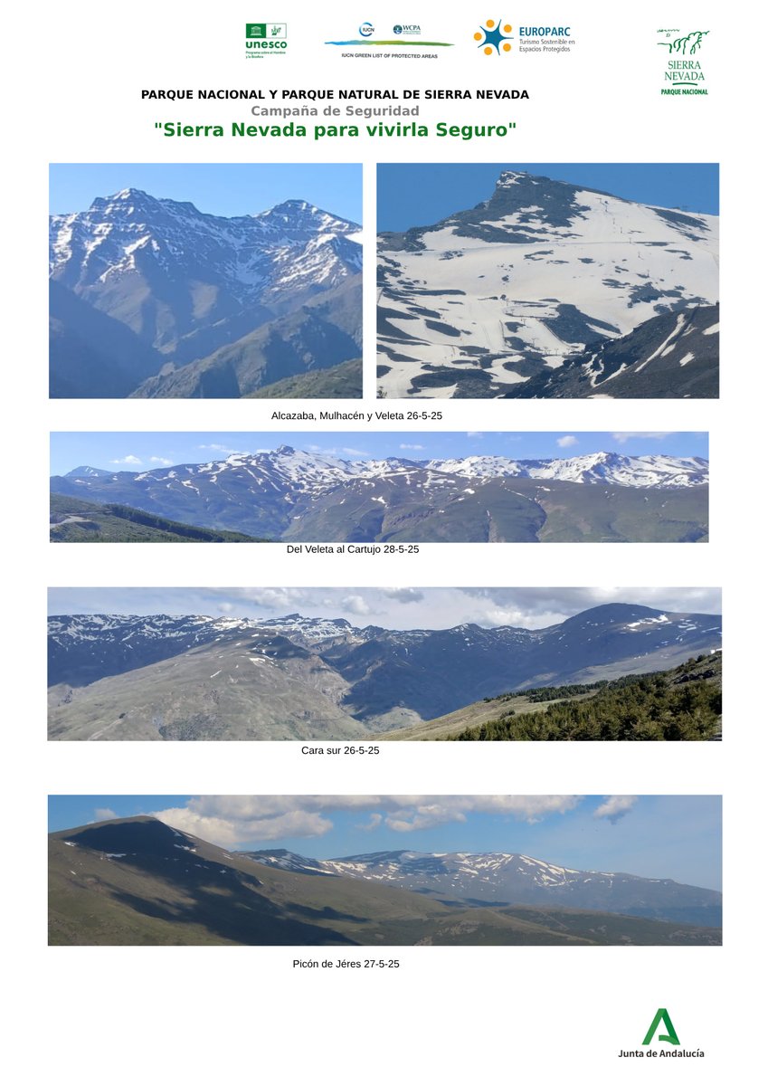 📢 Ficha de Seguridad - Espacio Natural Sierra Nevada (29 de mayo):
❄️ Nieve por encima de 2500 metros.
⚠️ Precaución máxima por el deshielo.
🧗‍♂️ Uso imprescindible de crampones y piolets para mayor seguridad.
💧Mucha agua en veredas y pistas forestales