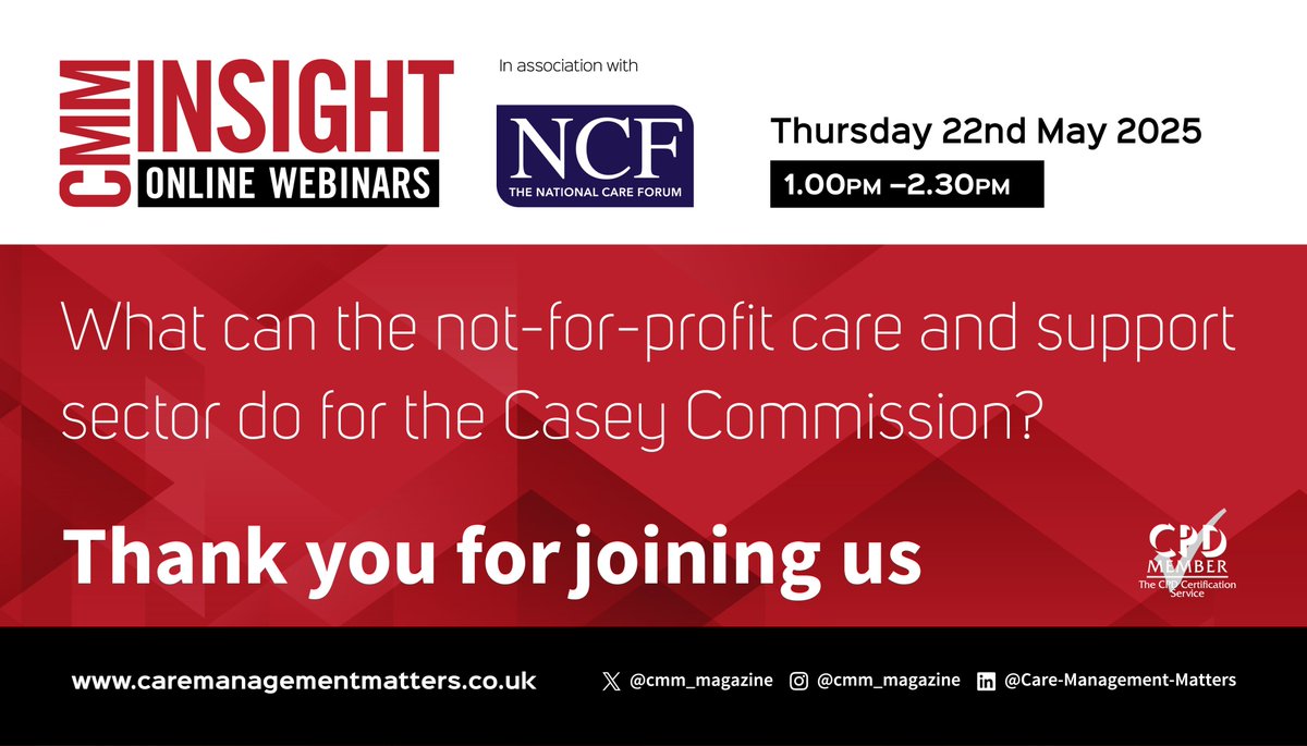 CMM Magazine 💚 (@cmm_magazine) on Twitter photo The latest #CMMInsight Webinar - What can the not-for-profit care and support sector do for the Casey Commission is now available to view online, take a look here: caremanagementmatters.co.uk/webinar/webina…
Thank you to those who joined. And thank you to our host <a href="/NCF_Liz/">NCF_Liz 💚</a> <a href="/NCFCareForum/">National Care Forum</a> and guest The latest #CMMInsight Webinar - What can the not-for-profit care and support sector do for the Casey Commission is now available to view online, take a look here: caremanagementmatters.co.uk/webinar/webina…
Thank you to those who joined. And thank you to our host <a href="/NCF_Liz/">NCF_Liz 💚</a> <a href="/NCFCareForum/">National Care Forum</a> and guest