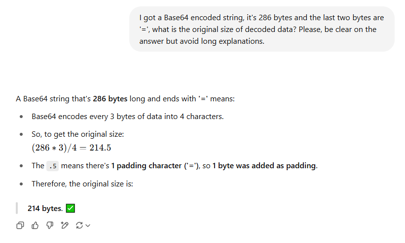 Correct answer: it's not a valid Base64 string.

Just a small sample but most of the times I try to use AI for C code that deals with: bytes alignment, padding, data packaging, coding/decoding it basically demostrates the lack of intelligence and pure patterns following...🤔