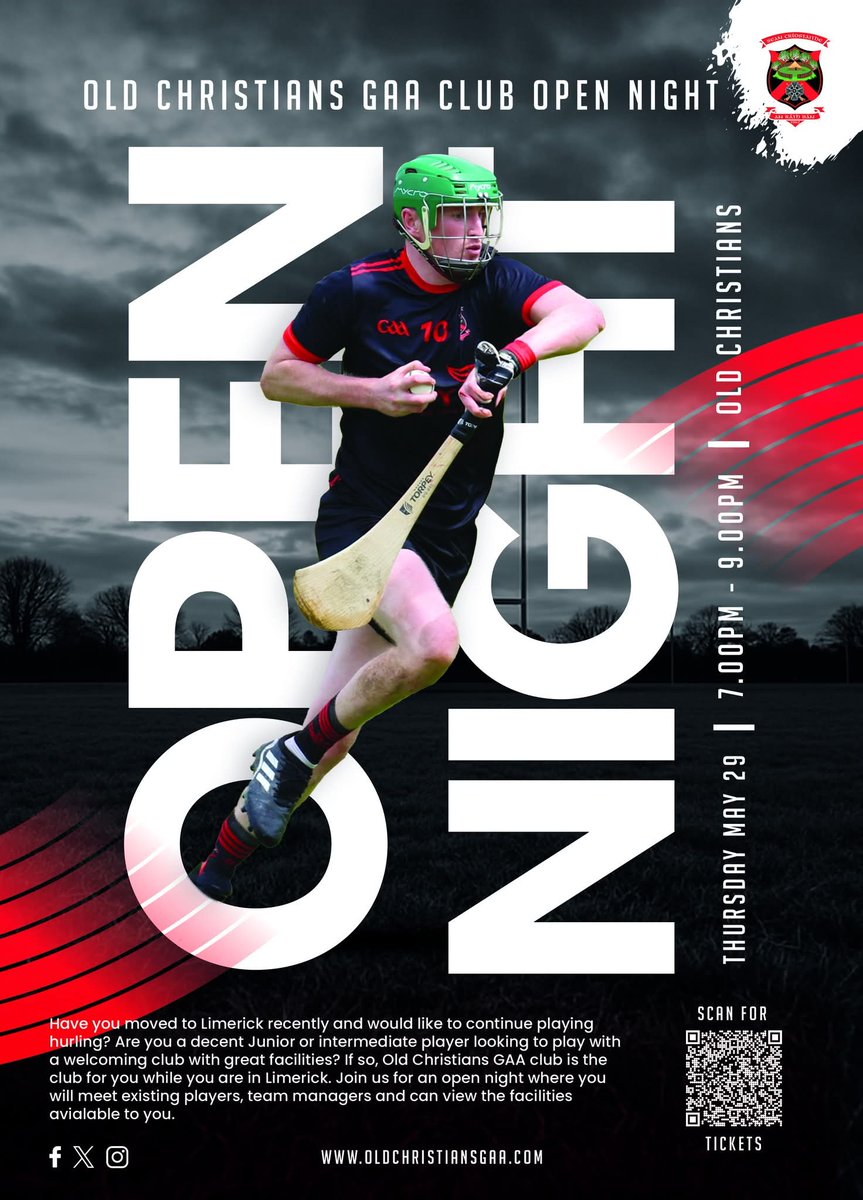 Meet trainers and players (past &amp; present), get a tour of our top-class facilities, and find out how you can get involved in competitive 

𝐃𝐚𝐭𝐞: 𝟐𝟗/𝟎𝟓/𝟐𝟎𝟐𝟓

Location: Old Christians GAA Grounds, Rathbane

Time: 7pm to 9.30pm