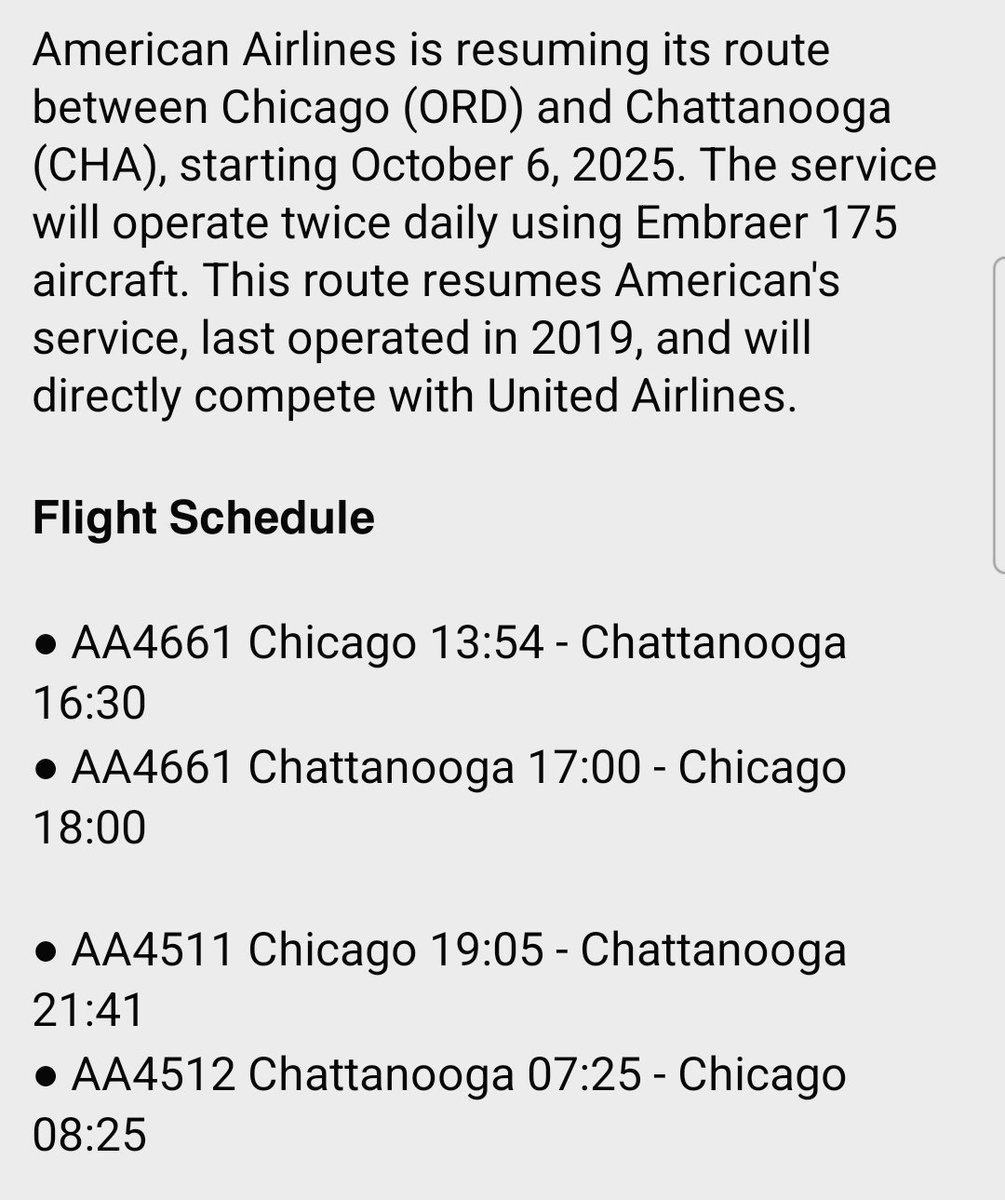 FlightModeblog's tweet image. #AmericanAirlines is resuming its route between #Chicago (ORD) and #Chattanooga (CHA), starting October 6, 2025. The service will operate twice daily using Embraer 175 aircraft.

Source: @IshrionA

📷 ©️American Airlines

#US #aviation #avgeek #avgeeks #flights #travel #traveler