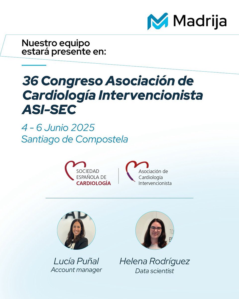 📍MADRIJA estará en el Congreso de Cardiología Intervencionista, del 4-6 de junio en Santiago.

🔗Se abordarán la transformación digital, el uso de inteligencia artificial en el diagnóstico cardiovascular, los avances en imagen médica de alta precisión y la integración de datos.