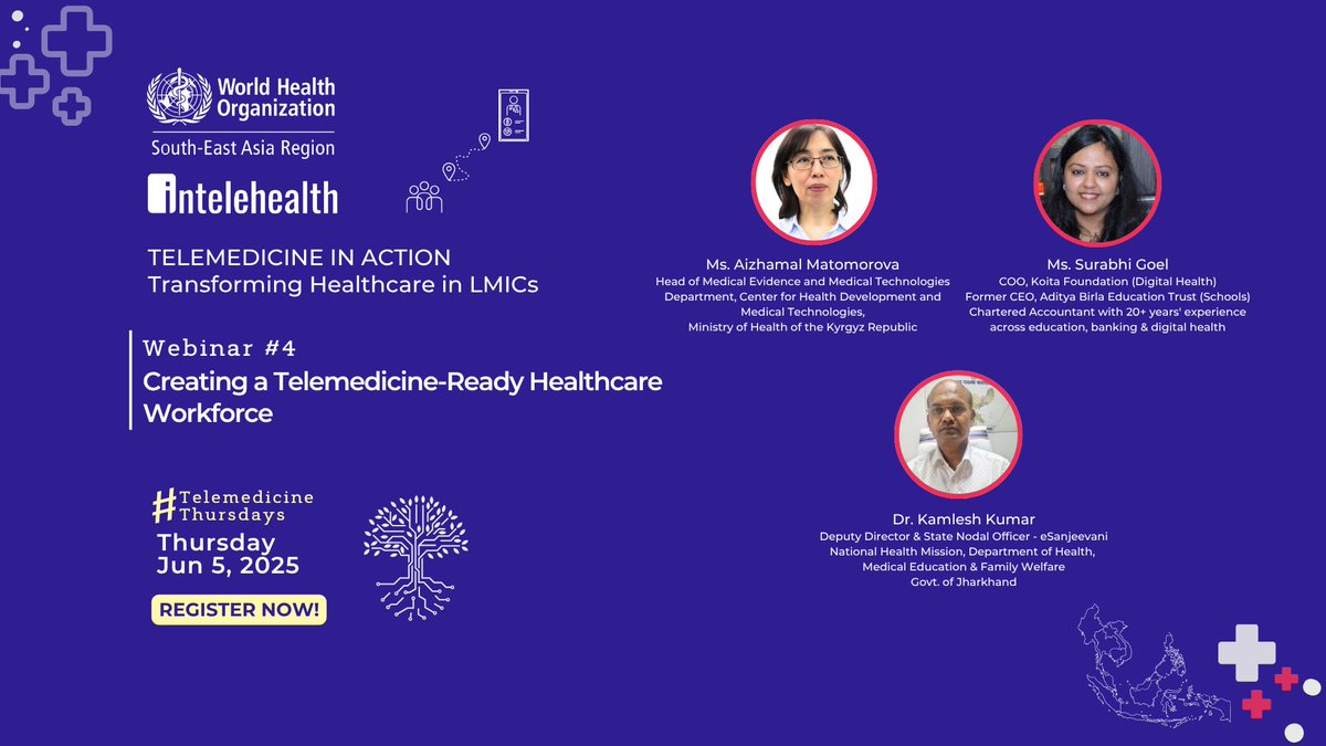 Intelehealth (@intelehealthorg) on Twitter photo We have an incredible panel for you for the webinar on June 5th with the <a href="/WHOSEARO/">World Health Organization South-East Asia</a>
๐Creating a Telemedicine-Ready Healthcare Workforce: Training for Healthcare Providers
๐
02:00-03:30 PM IST ; June 5th, 2025
๐ป ZOOM
Register: us02web.zoom.us/webinar/registโฆ We have an incredible panel for you for the webinar on June 5th with the <a href="/WHOSEARO/">World Health Organization South-East Asia</a>
๐Creating a Telemedicine-Ready Healthcare Workforce: Training for Healthcare Providers
๐
02:00-03:30 PM IST ; June 5th, 2025
๐ป ZOOM
Register: us02web.zoom.us/webinar/registโฆ