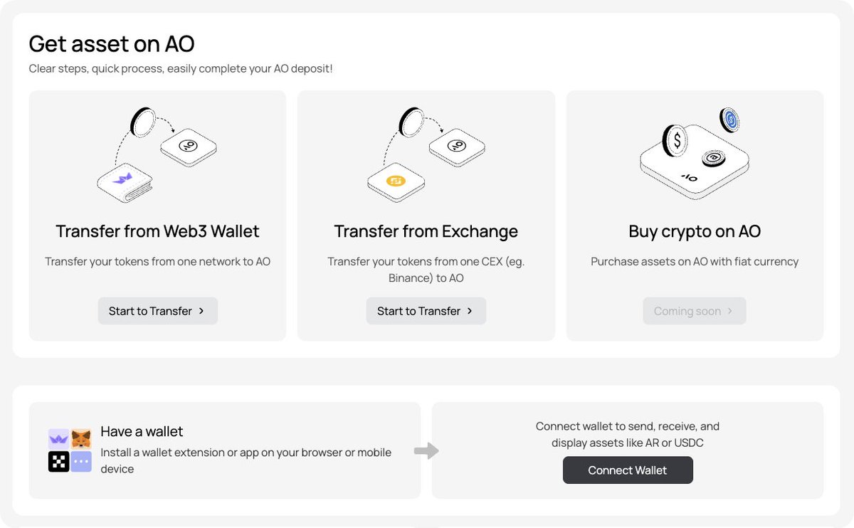 aox_xyz's tweet image. 🧭 What can you do with AOX today?
✅ Bridge $AR between Arweave ↔ AO
✅ Bridge $USDC from Ethereum to AO (→ wUSDC)
✅ Bridge $ETH from Ethereum to AO (→ wETH)
✅ Access your assets via AOX Web Wallet
✅ Deposit USDC or USDT from CEX directly into AO
✅ Earn yield via wAR /…