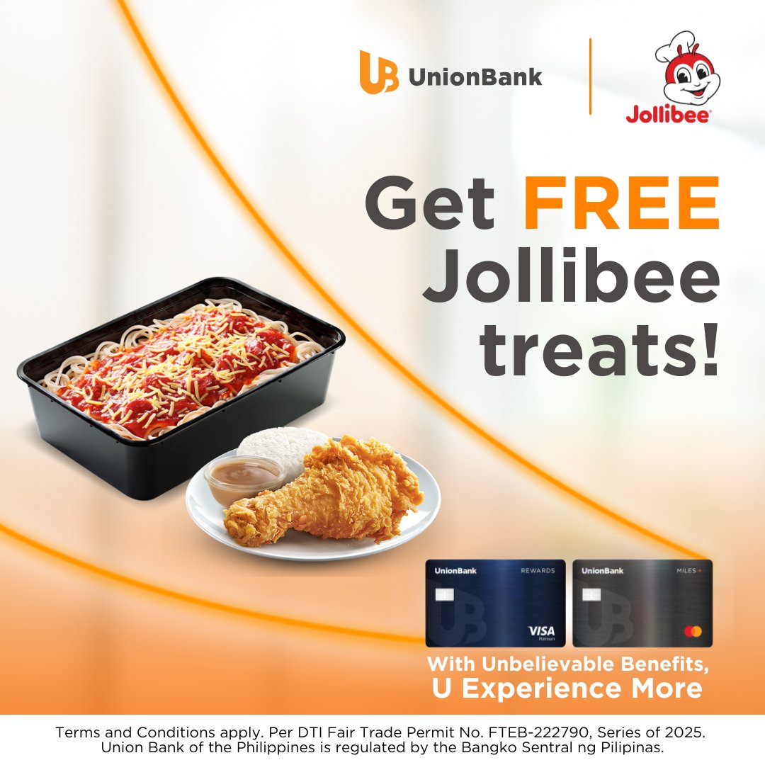 Enjoy your Jollibee favorites for FREE when you use your UnionBank Credit Card!

Get a FREE  1 pc. Chickenjoy w/ Rice with a minimum spend of P800 or a Jolly Spaghetti Family Pan when you spend at least P2,000.

Valid for dine-in, takeout, and drive-thru at participating Jollibee