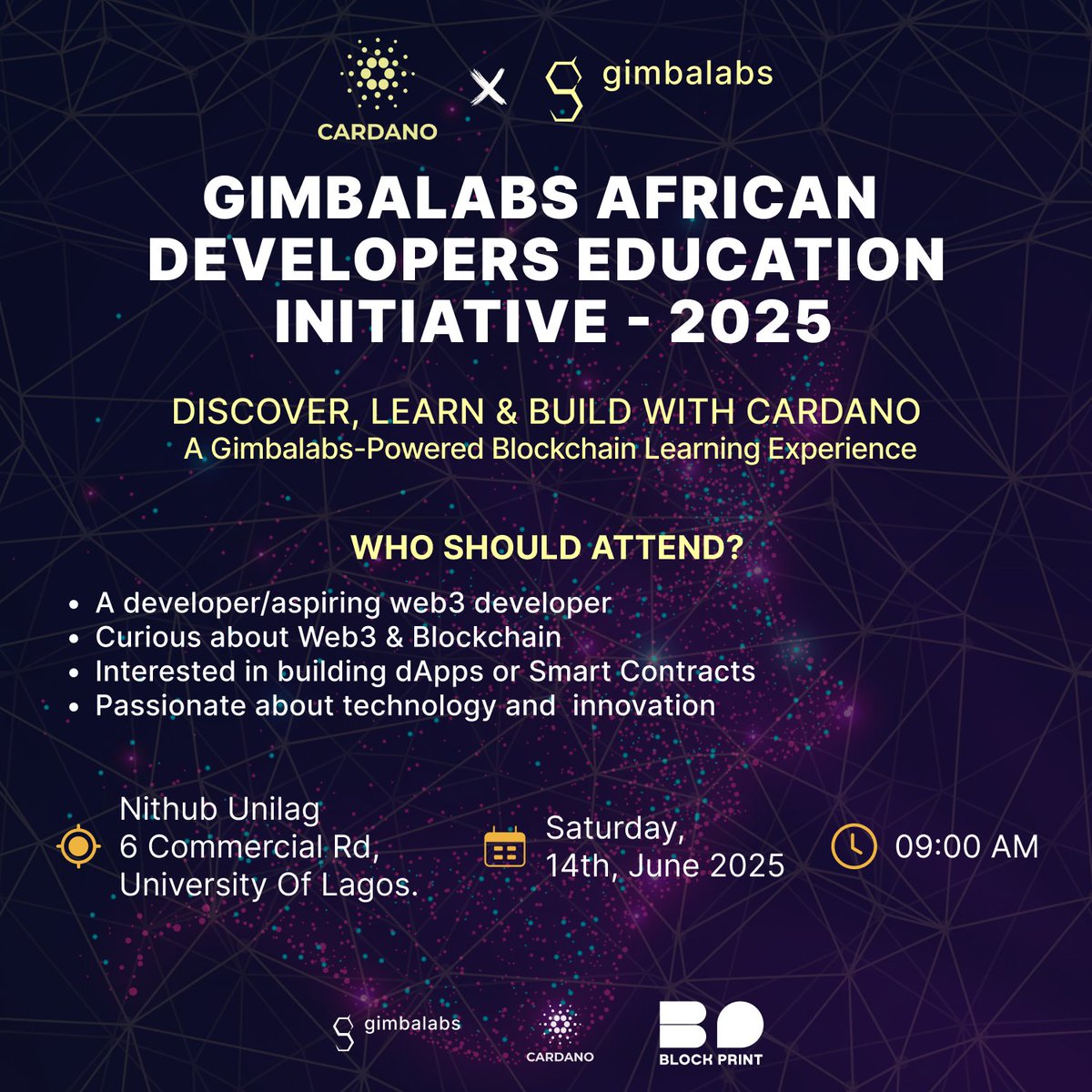Want to learn how to build real dApps on Cardano?
Join us for the Gimbalabs African Developers Education Initiative – 2025,

Onboarding Event
📍 Venue: Nithub Unilag, 6 Commercial Rd, University of Lagos
 📆 Date: Saturday, 14th June 2025
 ⏰ Time: 9:00 AM
forms.gle/ty3CwG7Bjjxqtj…