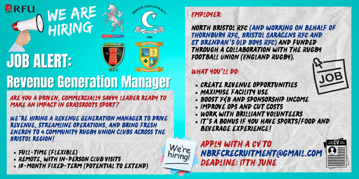 NBRFC's tweet image. We’re hiring a Revenue Generation Manager (Remote / Bristol)

Drive revenue, events, and ops for 4 brilliant community rugby union clubs

Full-time, flexible
18-month FTC

Apply now with CV to nbrfcrecruitment@gmail.com
Closes: 17th June

Link: uk.indeed.com/?vjk=bfaefb3dd…