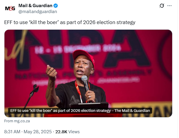 realRobertCK's tweet image. Malema's genocidal EFF just jumped from 11% to 35% - a massive 24-POINT surge - in a northern Free State by-election.

It’s only one result, but is this the first sign that singing 'Kill the Boer' is turning into votes? 

A dangerous trend could be brewing for South Africa.