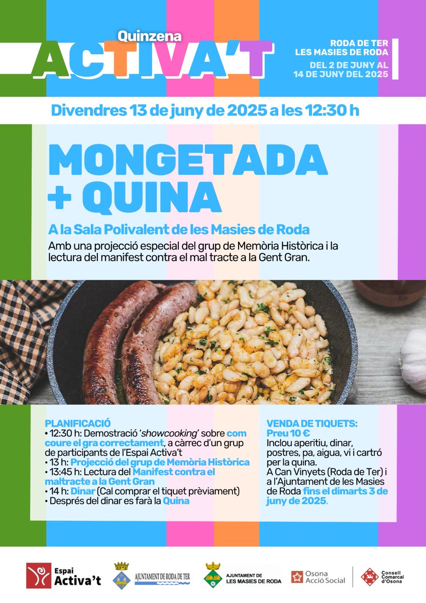 Del 2 al 14 de juny, arriba la Quinzena Activa’t a Roda de Ter i Les Masies de Roda! 
Tallers, caminades, txi-kung, música, homenatges i molt més!

📌 Inscripcions fins al 3/6 per a la sortida a Terrassa i La Mongetada.

👉 tuit.cat/baur0

#GentGranActiva #ActivaT2025