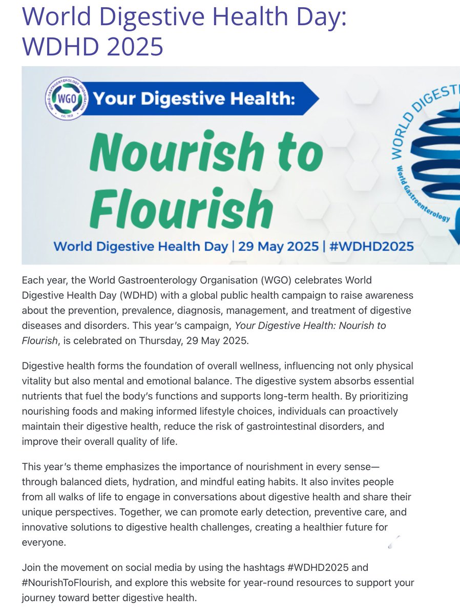 Es #DíaMundialdelaSaludDigestiva #WorldDigestiveHealthDay
¡Un intestino sano significa una vida más sana! 🦠
En este #WDHD2025 de un paso hacia una mejor digestión: coma bien, mastique bien y manténgase hidratado. Tu intestino es el camino hacia la salud. #NourishToFlourish
Info