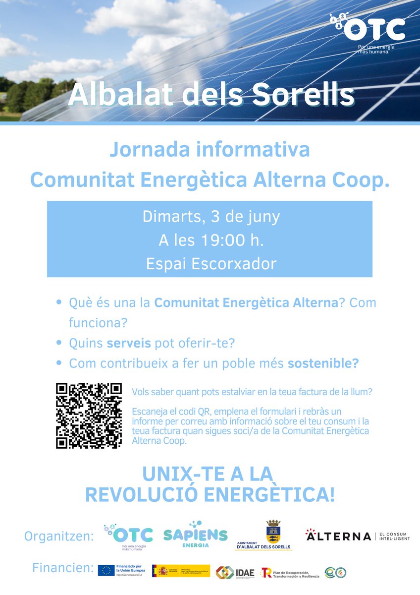 El martes 🌟 jornada informativa sobre la #ComunidadEnergética AlternaCoop en Albalat dels Sorells.

🆕Presentaremos una novedad: una 🔢 calculadora energética para que las personas interesadas en asociarse sepan cuánto ahorrarán en su factura de la luz según su consumo 💡💰