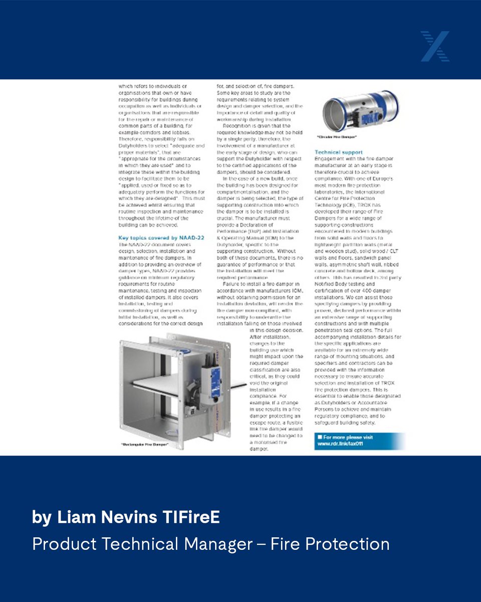 TROX UK (@troxuk) on Twitter photo Inside the latest issue of <a href="/LABMmag/">LABM magazine</a> magazine is this article 👇 by Liam Nevins TIFireE, Product Technical Manager - FIre Protection at TROX UK, on #FireDampers and essential info to meet #BuildingSafetyAct requirements.
👉 Read LABM pg22-23: bit.ly/43tQGdt
#Compliance Inside the latest issue of <a href="/LABMmag/">LABM magazine</a> magazine is this article 👇 by Liam Nevins TIFireE, Product Technical Manager - FIre Protection at TROX UK, on #FireDampers and essential info to meet #BuildingSafetyAct requirements.
👉 Read LABM pg22-23: bit.ly/43tQGdt
#Compliance