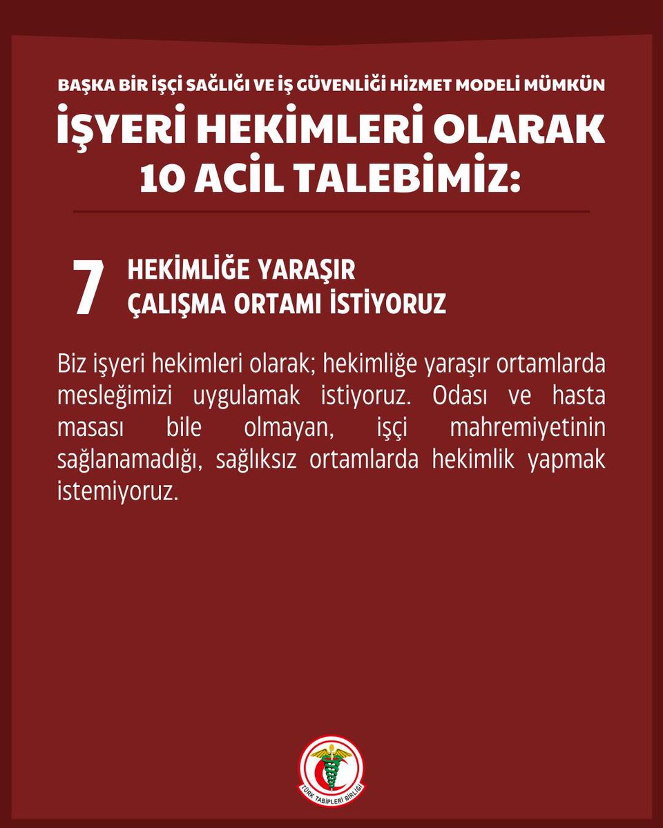 İstanbul Tabip Odası (@istabip) on Twitter photo ❗️İşyeri Hekimlerinin 10 Acil Talebi Var❗️
Talep 7: Hekimliğe Yaraşır Çalışma Ortamı İstiyoruz <a href="/csgbakanligi/">T.C. Çalışma ve Sosyal Güvenlik Bakanlığı</a>
Biz işyeri hekimleri olarak; hekimliğe yaraşır ortamlarda mesleğimizi uygulamak istiyoruz. Odası ve hasta masası bile olmayan, işçi mahremiyetinin sağlanamadığı, ❗️İşyeri Hekimlerinin 10 Acil Talebi Var❗️
Talep 7: Hekimliğe Yaraşır Çalışma Ortamı İstiyoruz <a href="/csgbakanligi/">T.C. Çalışma ve Sosyal Güvenlik Bakanlığı</a>
Biz işyeri hekimleri olarak; hekimliğe yaraşır ortamlarda mesleğimizi uygulamak istiyoruz. Odası ve hasta masası bile olmayan, işçi mahremiyetinin sağlanamadığı,