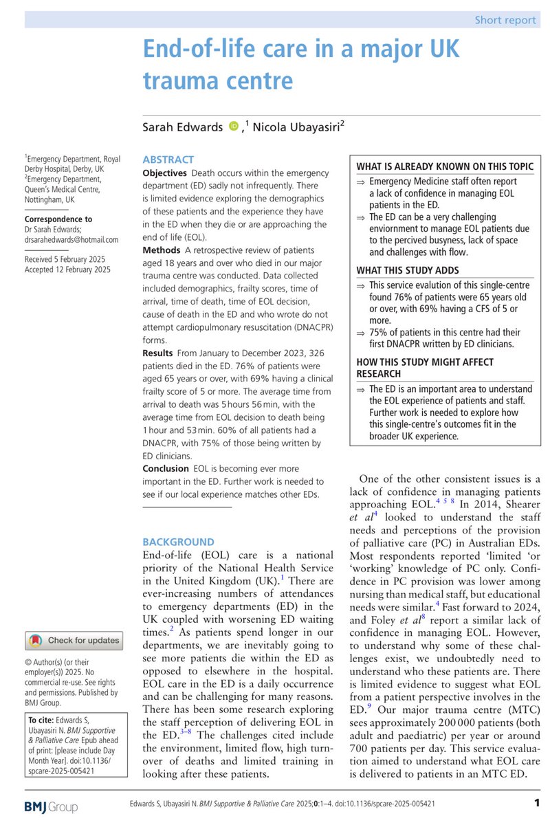 🕯️ Dying in the Emergency Department is a reality for many.

Our recent studies reveal both patient experiences and staff challenges in delivering EOLC in the ED.

📖 spcare.bmj.com/content/early/…

🗣️<a href="/EAPCvzw/">EAPC VZW</a> here in Helsinki