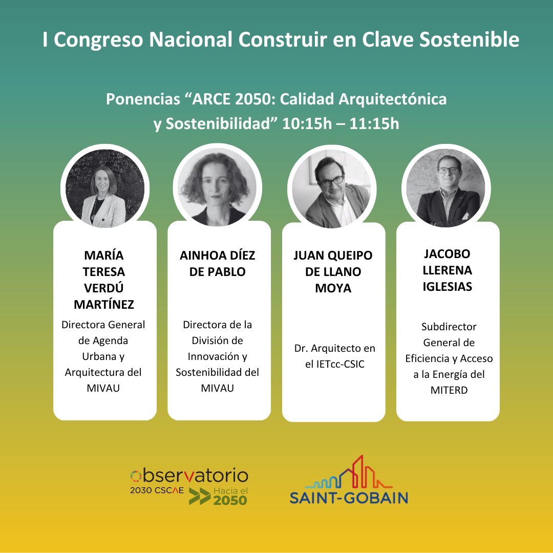 Empieza el bloque “ARCE 2050: Calidad Arquitectónica y Sostenibilidad”:
- DG de Agenda Urbana y Arquitectura de <a href="/viviendagob/">Ministerio de Vivienda y Agenda Urbana</a> 
- Dir. de Innovación y Sostenibilidad del MIVAU
- Arquitecto y Dr. del <a href="/IETorroja/">Instituto E. Torroja</a> 
- Subdirector G. de Eficiencia y Acceso a la Energía del <a href="/mitecogob/">Transición Ecológica y Reto Demográfico</a>