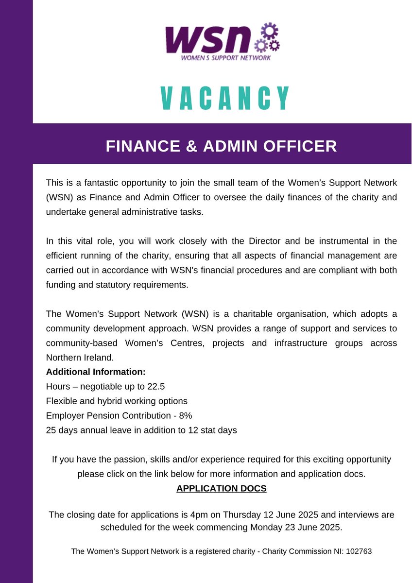 WSN is looking for a 𝐅𝐢𝐧𝐚𝐧𝐜𝐞 𝐚𝐧𝐝 𝐀𝐝𝐦𝐢𝐧 𝐎𝐟𝐟𝐢𝐜𝐞𝐫 to join their team.
Click the link below to learn more and apply:
communityni.org/job/finance-an…