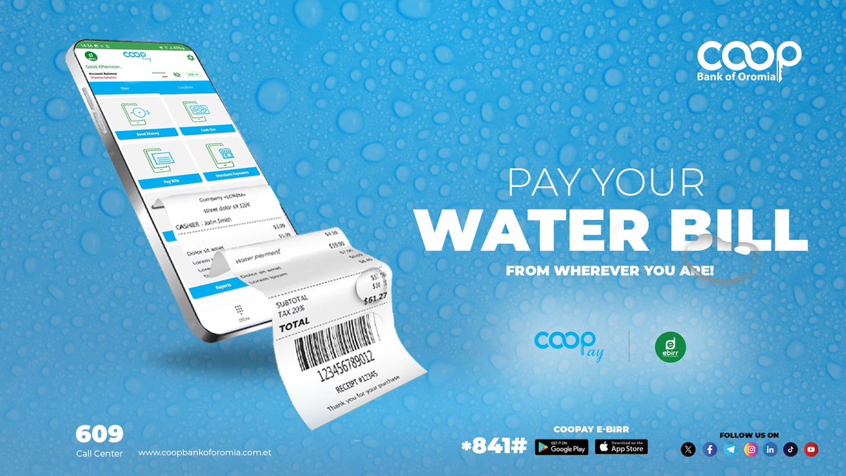 Coopbankoromia's tweet photo. No More Queues. No More Stress.
Say goodbye to the hassle of monthly water bill payments.
Pay instantly, securely, and from anywhere with Coopay E-birr.
#Coopbank #CoopayEbirr #TapPay #NoMoreWaiting #BillPaymentSimplified #CoopbankCares #Ethiopia https://t.co/pkHz9kzayh