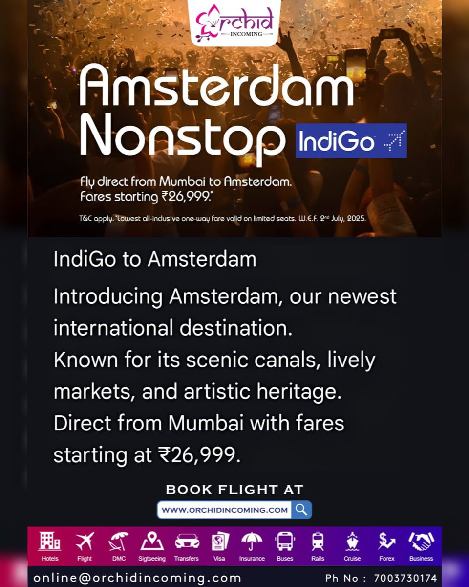 DmcOrchid's tweet photo. 🧳 Amsterdam Nonstop, Hassle-Free with IndiGo!
Reserve your flight today at https://t.co/LfGmjXCF1X

#orchidincoming #orchionline #onlineservice #onlineflightbooking #IndiGo #Amsterdam #nonstop #Explore #experiance #explorepage #exploremoreً #TravelGoals https://t.co/HT2aaaU4IQ