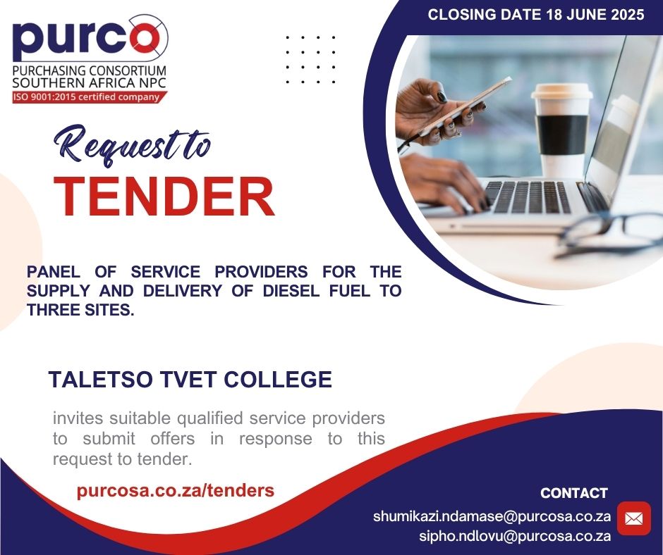 NEW TENDER ADVERT #PURCOSATenders 

Link to the tender advert: purcosa.co.za/system/files/t…

For more information, visit: purcosa.co.za/tender/15088