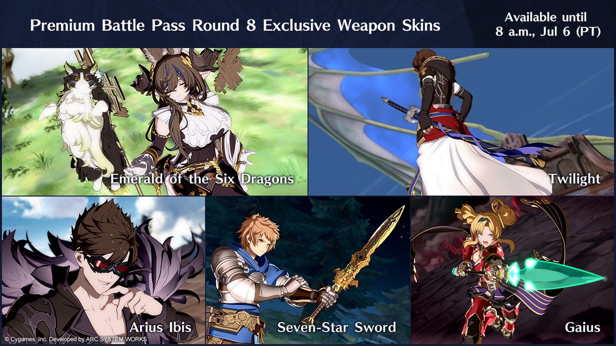 Earn exclusive in-game items in #GBVSR on top of standard Battle Pass rewards with Premium Battle Pass Round 8, which includes weapon skins for the following characters!

🔸 Sandalphon
🔸 Zeta
🔸 Belial
🔸 Galleon
🔸 Gran

🔍 See Battle Pass rewards: rising.granbluefantasy.jp/en/dlc/battlep…