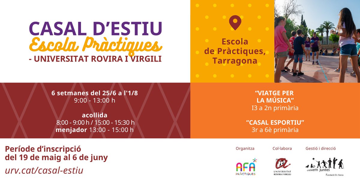Universitat Rovira i Virgili (@universitaturv) on Twitter photo ☀️El Casal d’Estiu AFA Pràctiques – #URV ofereix un espai de lleure lúdic i educatiu als infants. Està obert a tothom, i les famílies associades de l'<a href="/AFA_Practiques/">AFA Pràctiques</a> i les de la #comunitatURV hi tenen descompte! Informa-te'n a la reunió del 2 de juny.
👉urv.cat/casal-estiu ☀️El Casal d’Estiu AFA Pràctiques – #URV ofereix un espai de lleure lúdic i educatiu als infants. Està obert a tothom, i les famílies associades de l'<a href="/AFA_Practiques/">AFA Pràctiques</a> i les de la #comunitatURV hi tenen descompte! Informa-te'n a la reunió del 2 de juny.
👉urv.cat/casal-estiu
