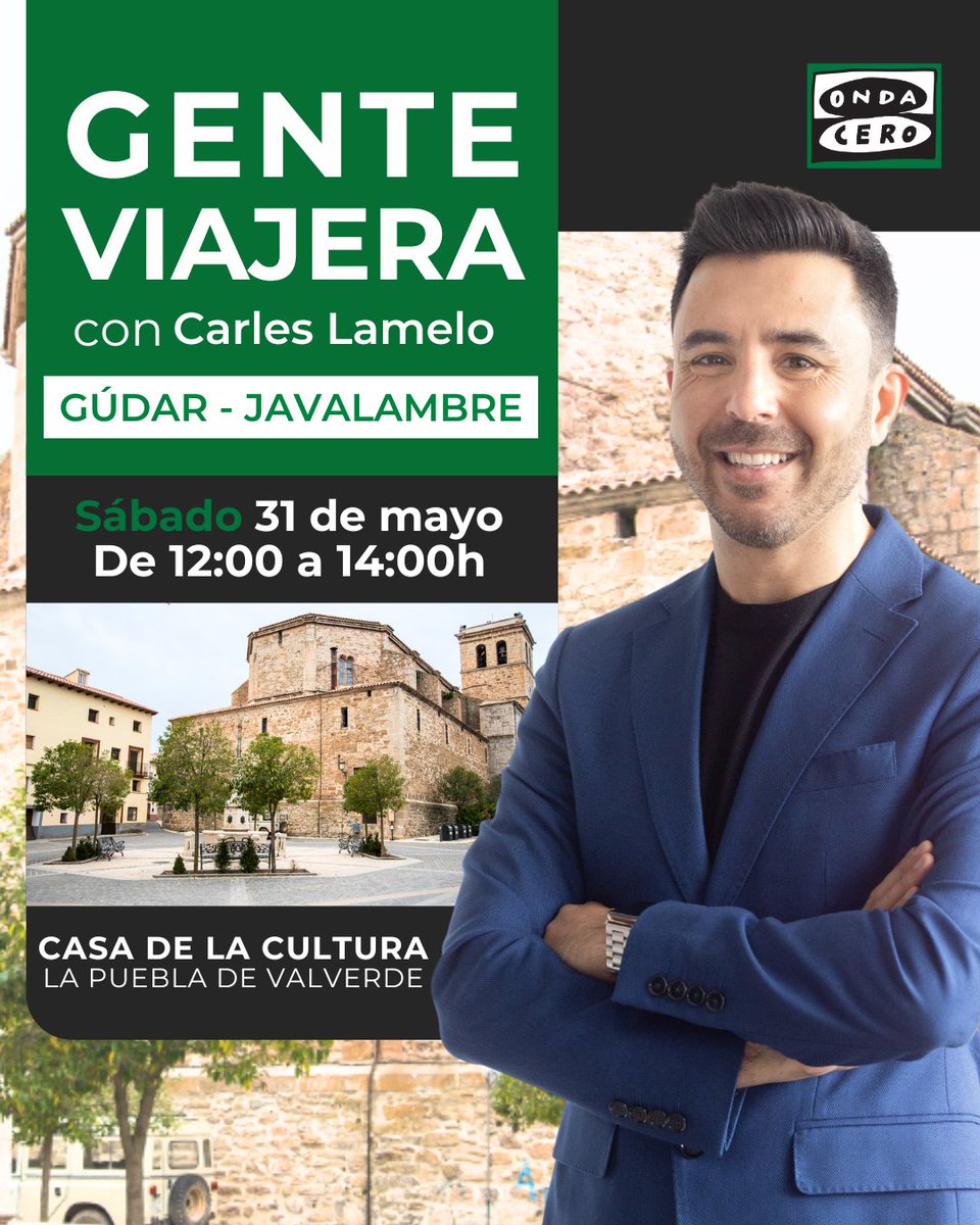 🎙️Mañana sábado, 31 de mayo, a partir de las 12:00, el equipo de <a href="/GenteViajeraOCR/">Gente Viajera</a> estará en La Puebla de Valverde con muchas sorpresas. No te lo pierdas!!!
<a href="/GudarJavalambre/">Gúdar-Javalambre "Aquí tocamos las estrellas"</a> <a href="/GobAragon/">Gobierno de Aragón</a> <a href="/aragonturismo/">Turismo de Aragón</a>