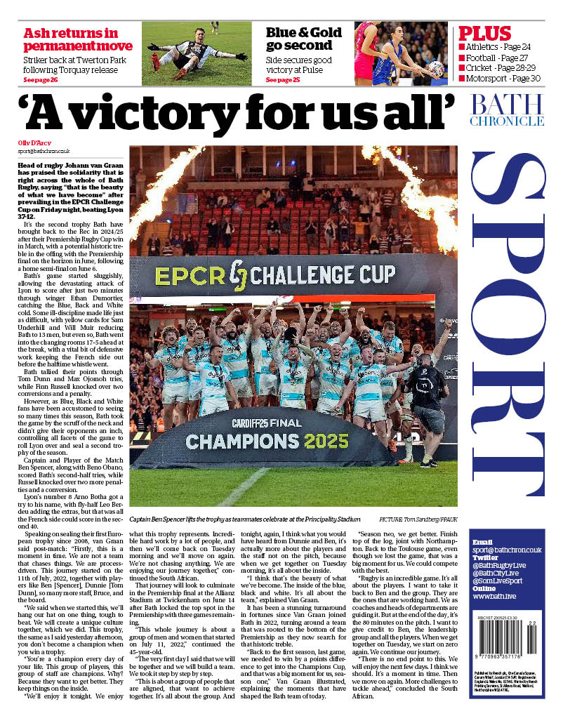 Paul Jenkins (@paulsconvey) on Twitter photo #Sport in this week's Bath Chronicle: <a href="/BathRugby/">Bath Rugby</a> win <a href="/ChallengeCup_/">EPCR Challenge Cup</a> in style, JvG praises solidarity, Dunn wants more; Ash makes permanent move to <a href="/BathCity_FC/">Bath City FC</a> as Kendall departs, <a href="/BathCityWFC/">Bath City Women FC</a> awards, Old Dogs duo play for England; Lammonby century aids <a href="/SomersetCCC/">Somerset Cricket</a> win 1/3 #Sport in this week's Bath Chronicle: <a href="/BathRugby/">Bath Rugby</a> win <a href="/ChallengeCup_/">EPCR Challenge Cup</a> in style, JvG praises solidarity, Dunn wants more; Ash makes permanent move to <a href="/BathCity_FC/">Bath City FC</a> as Kendall departs, <a href="/BathCityWFC/">Bath City Women FC</a> awards, Old Dogs duo play for England; Lammonby century aids <a href="/SomersetCCC/">Somerset Cricket</a> win 1/3