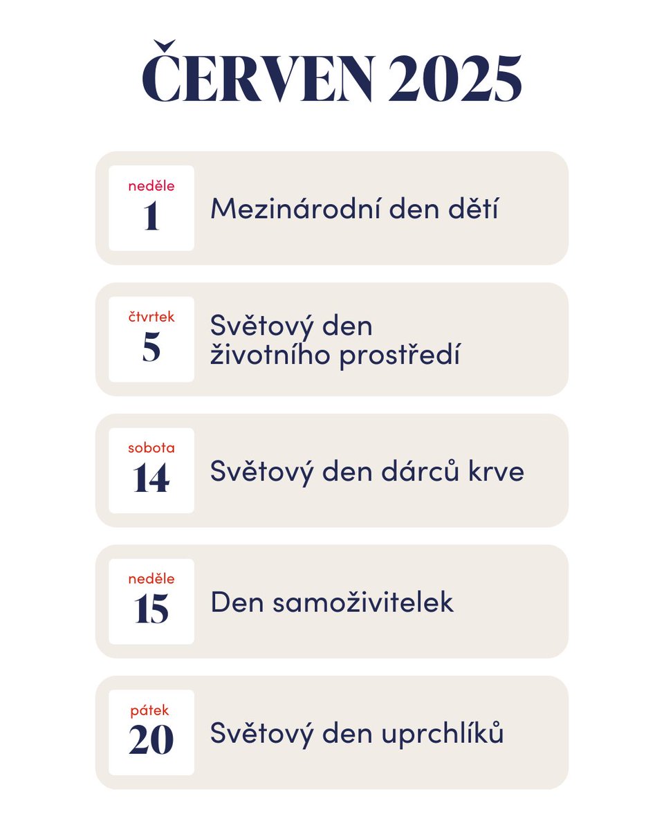 Červen plný štědrosti 💙

👉 1. 6. – Mezinárodní den dětí
👉 5. 6. – Světový den životního prostředí
👉 14. 6. – Světový den dárců krve
👉 15. 6. – Den samoživitelek
👉 20. 6. – Světový den uprchlíků

I malý čin má velký dopad. Přidejte se k nám a udělejme červen lepším. ✨