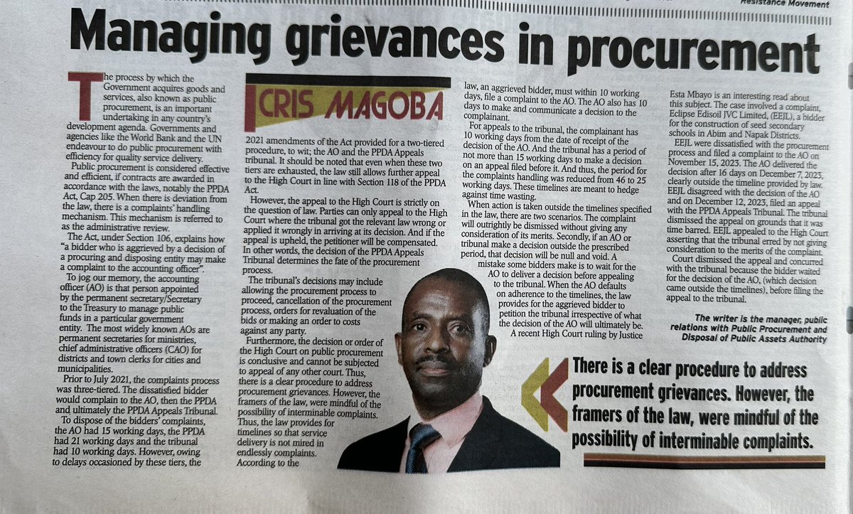 In today’s <a href="/newvisionwire/">The New Vision</a>, Page 22

Managing grievances in procurement: Bidders have just 10 working days to file complaints or forfeit their right to challenge decisions.

Mr. Cris Magoba unpacks the process and a real case that put it to the test.
#ProcurementThatDelivers