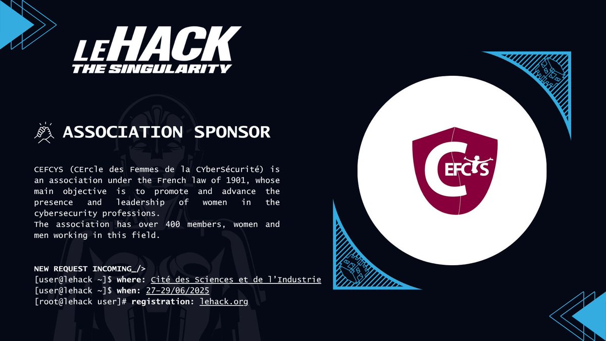 🇬🇧 During HACK 2025, you'll be able to meet various associations on site.
Thanks to <a href="/CEFCYS_Officiel/">CEFCYS</a>, <a href="/mozilla/">Mozilla</a>, <a href="/openfacto/">OpenFacto</a> &amp; <a href="/OsintFr/">OSINT-FR</a> for being there with us!
#leHACK #Sponsors