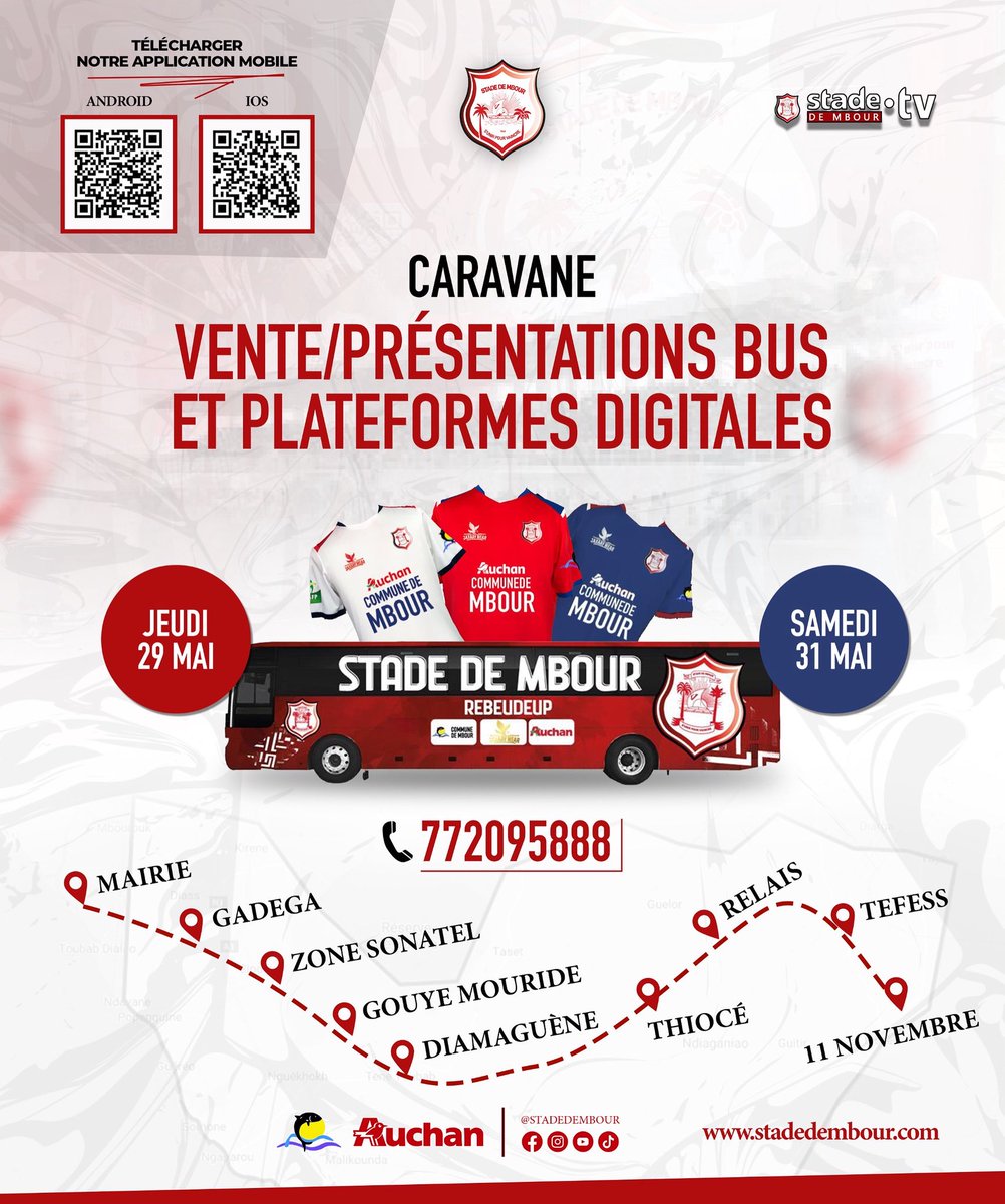 stadembour's tweet image. 🚌 Digital Tour
🎽 Maillots, appli, nouveau bus !

📍 Mairie ➤ Gadega ➤ Sonatel ➤ +++

📲 App Stade de Mbour :
Android : bit.ly/StadeMbourA
iOS : bit.ly/StadeMbouri

📞 77 209 58 88
#StadeDeMbour #DigitalTour #Team221