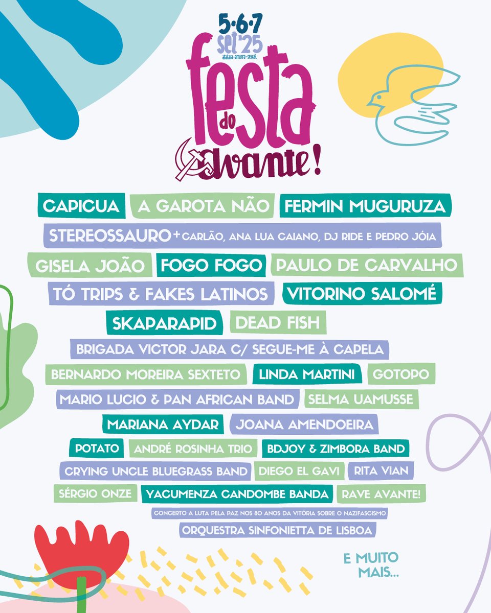 festaavante's tweet photo. Está aqui mais um cartaz dos artistas da Festa!, todos eles indispensáveis por nos transportarem para universos que queremos escutar e conhecer, porque vieram para nos encantar e impactar com a sua singularidade e as suas geografias. O cartaz da Festa! é uma conversa com o mundo. https://t.co/SjxkrRw49X