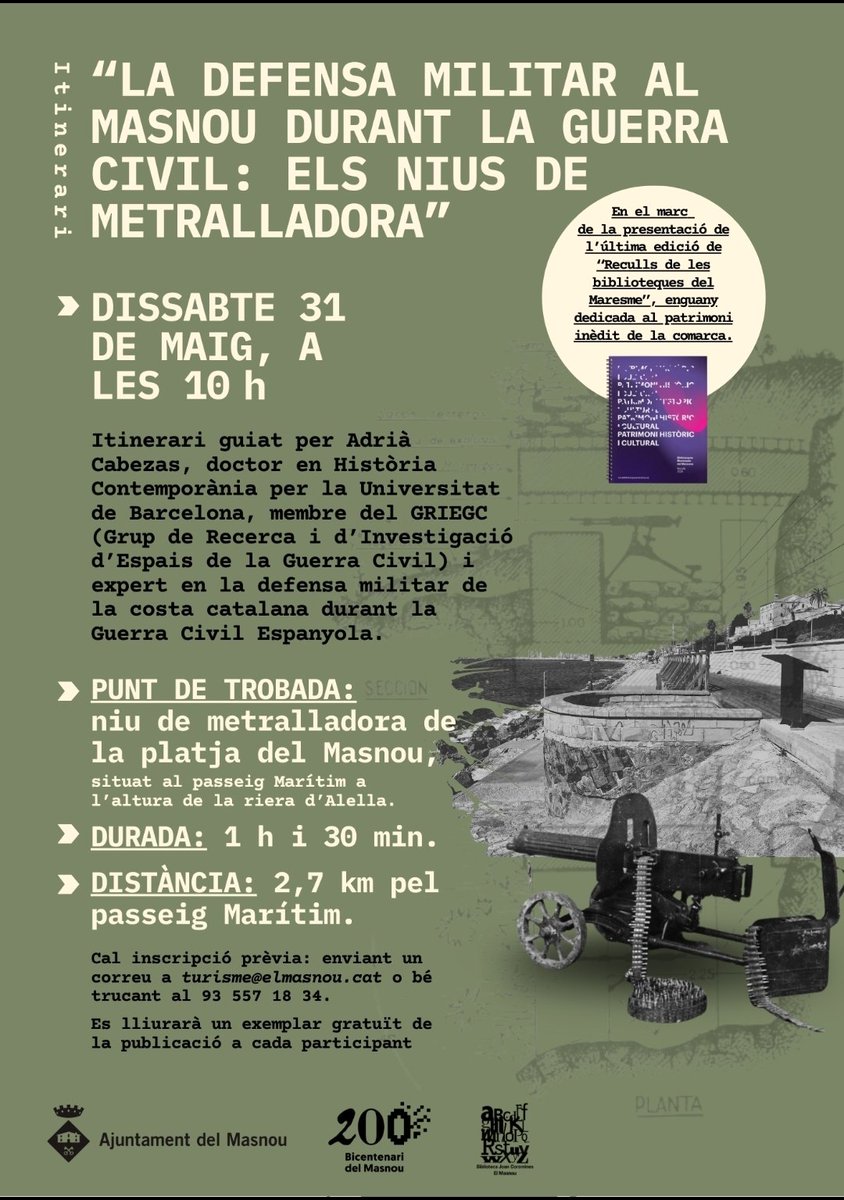 GRIEGC1's tweet photo. El Masnou (#Barcelona)
Itinerari gratuït dissabte 31 de maig
#guerra #guerracivil #guerracivilespañola #elmasnou #Mataro #arenysdemar #catalunya #cataluña https://t.co/6iE437mkJ5