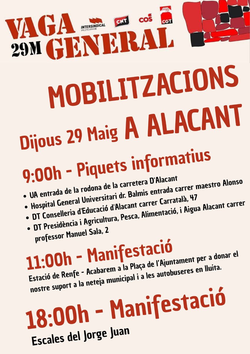 📢COMENÇA LA VAGA GENERAL

💪A les 18h eixirem als carrers de la mà dels sindicats laborals. 

👁️Ens veiem a les escales de l'IES Jorge Juan