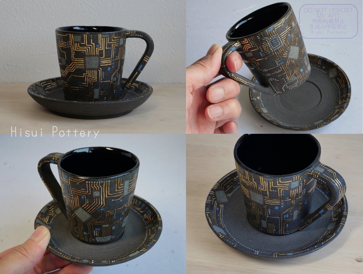 デミタスカップ＆ソーサー。 グレー×金彩、アクセントに青。 #デザフェス61