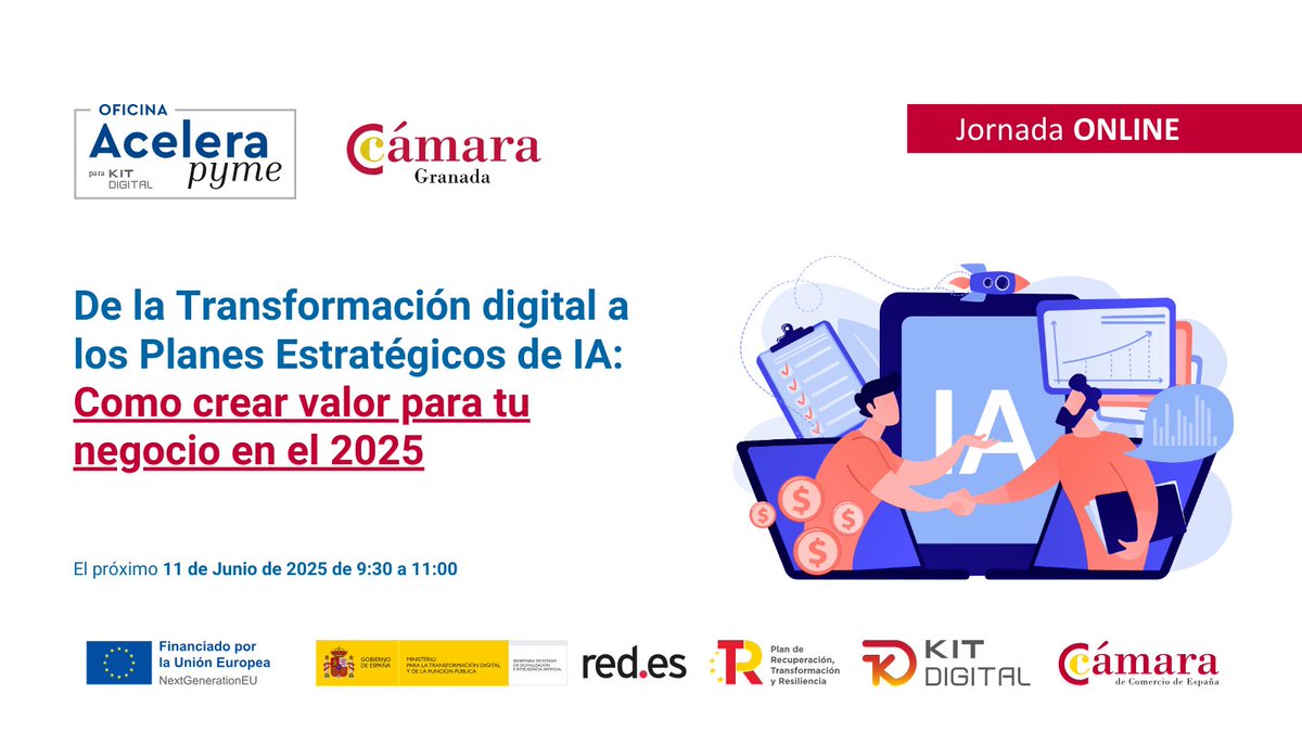 🚀 #AceleraPYME | De la Transformación Digital a los Planes Estratégicos de IA
🧠 Cómo crear valor real para tu negocio en 2025

🗓️ Inscríbete: camaragranada.org/evento/servici…

#KitConsulting #TransformaciónDigital #NextGenerationEU