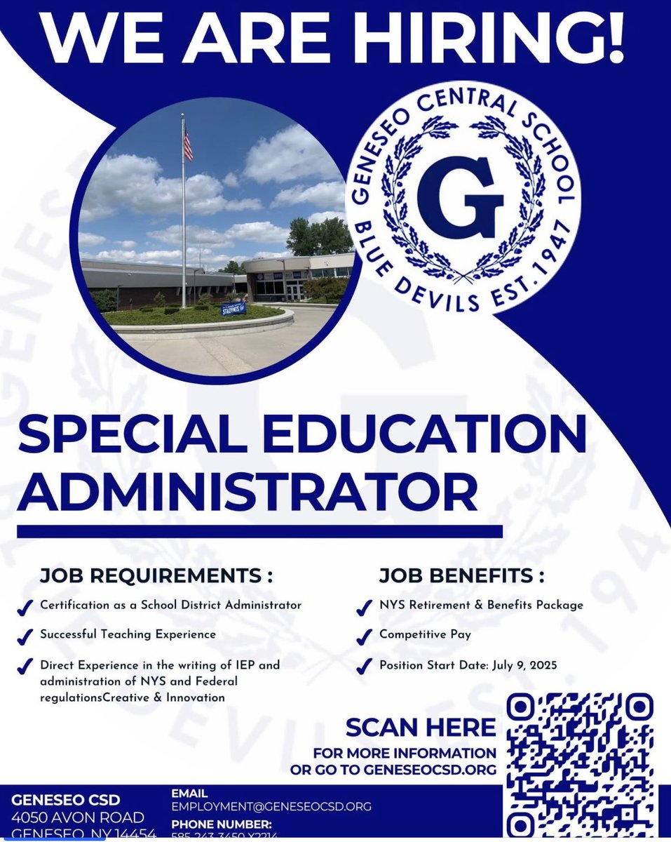 Geneseo CSD is looking for a dynamic, forward-thinking educator to serve as the next Director of Special Education. Consider joining an amazing district that is passionate about lifting students, equity, inclusion, and supporting staff. #LeadershipMatters #DEI #servantleadership