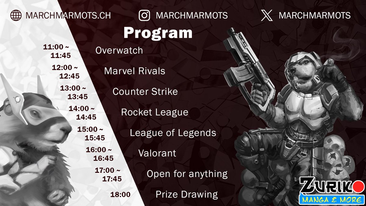 March Marmots (@marchmarmots) on Twitter photo Our program for all three days at <a href="/FantasyBasel/">FANTASY BASEL - The Swiss Comic Con</a> β¨οΈ
Beat us in one of those games to get a chance to win a cool prize from our partner Zuriko! Our program for all three days at <a href="/FantasyBasel/">FANTASY BASEL - The Swiss Comic Con</a> β¨οΈ
Beat us in one of those games to get a chance to win a cool prize from our partner Zuriko!
