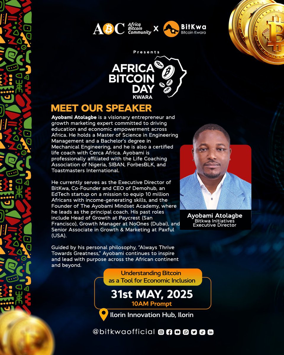 BitKwa || ₿⚡ (@bitkwaofficial) on Twitter photo Who is speaking at Africa Bitcoin Day kwara?
👉🏽 Coach Ayobami <a href="/thecoachayobami/">Ayobami ⚡ | Mindset Coach</a>, the founder and executive director of <a href="/BitKwaofficial/">BitKwa || ₿⚡</a>.
A visionary leader with a goal to impact 10 million Africans with knowledge of Bitcoin.
#Bitkwa #AfricaBitcoinDayKWARA #ABDKWARA Who is speaking at Africa Bitcoin Day kwara?
👉🏽 Coach Ayobami <a href="/thecoachayobami/">Ayobami ⚡ | Mindset Coach</a>, the founder and executive director of <a href="/BitKwaofficial/">BitKwa || ₿⚡</a>.
A visionary leader with a goal to impact 10 million Africans with knowledge of Bitcoin.
#Bitkwa #AfricaBitcoinDayKWARA #ABDKWARA
