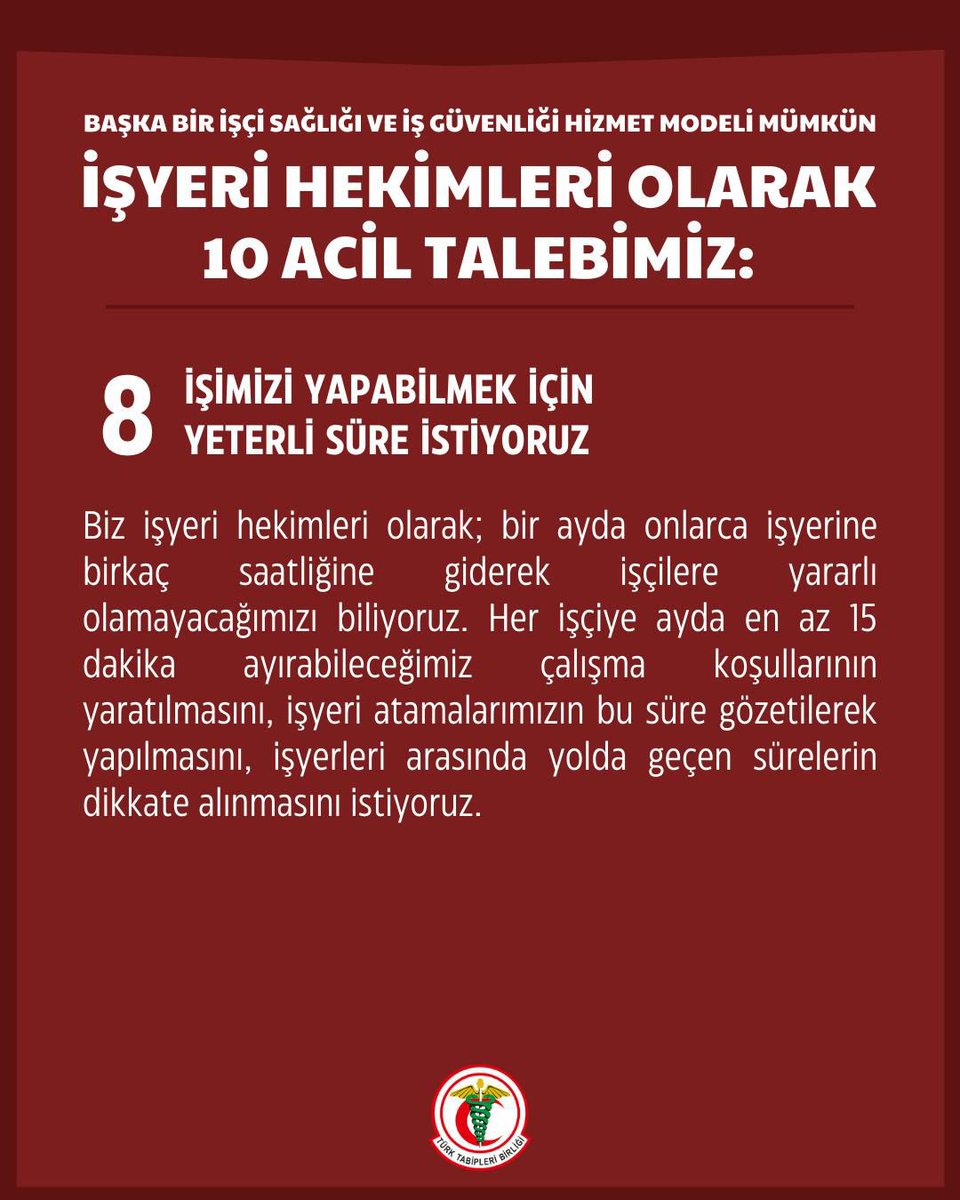 İstanbul Tabip Odası (@istabip) on Twitter photo ❗️İşyeri Hekimlerinin 10 Acil Talebi Var❗️
Talep 8: İşimizi Yapabilmek İçin Yeterli Süre İstiyoruz <a href="/csgbakanligi/">T.C. Çalışma ve Sosyal Güvenlik Bakanlığı</a>
Biz işyeri hekimleri olarak; bir ayda onlarca işyerine birkaç saatliğine giderek işçilere yararlı olamayacağımızı biliyoruz. Her işçiye ayda en az 15 dakika ❗️İşyeri Hekimlerinin 10 Acil Talebi Var❗️
Talep 8: İşimizi Yapabilmek İçin Yeterli Süre İstiyoruz <a href="/csgbakanligi/">T.C. Çalışma ve Sosyal Güvenlik Bakanlığı</a>
Biz işyeri hekimleri olarak; bir ayda onlarca işyerine birkaç saatliğine giderek işçilere yararlı olamayacağımızı biliyoruz. Her işçiye ayda en az 15 dakika
