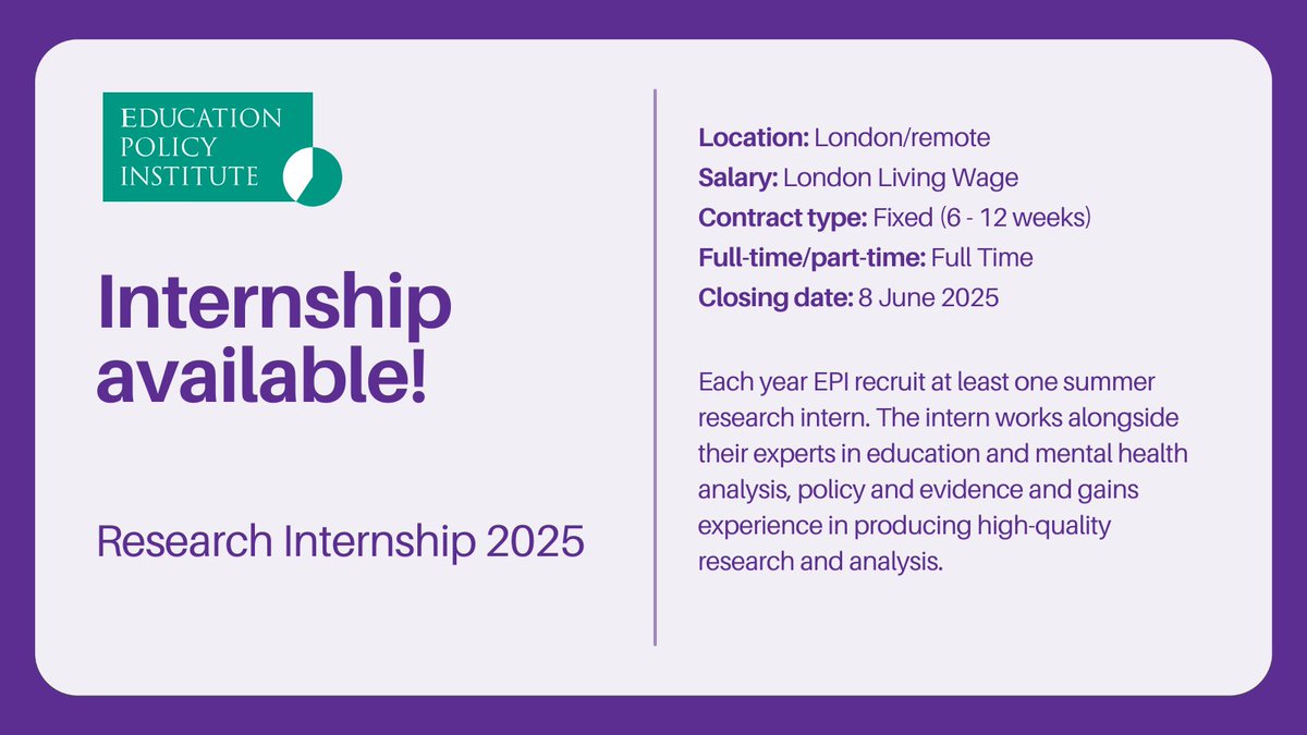 Smart Thinking (@smartthinktanks) on Twitter photo Looking for your first taste of working in a think tank? Fancy exploring life as a Researcher? Applications for <a href="/EduPolicyInst/">Education Policy Institute</a> RESEARCH INTERNSHIP are now open and they are looking for those studying degrees containing a quant element. Find out more: bit.ly/44SA5Cy Looking for your first taste of working in a think tank? Fancy exploring life as a Researcher? Applications for <a href="/EduPolicyInst/">Education Policy Institute</a> RESEARCH INTERNSHIP are now open and they are looking for those studying degrees containing a quant element. Find out more: bit.ly/44SA5Cy